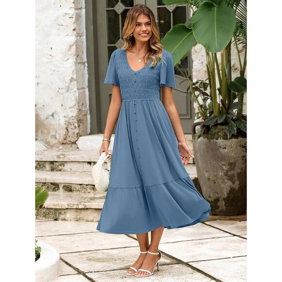 Womens Summer Smocked Flowy Dress Boho Maxi Pockets Casual Dress - Picture 4 of 6